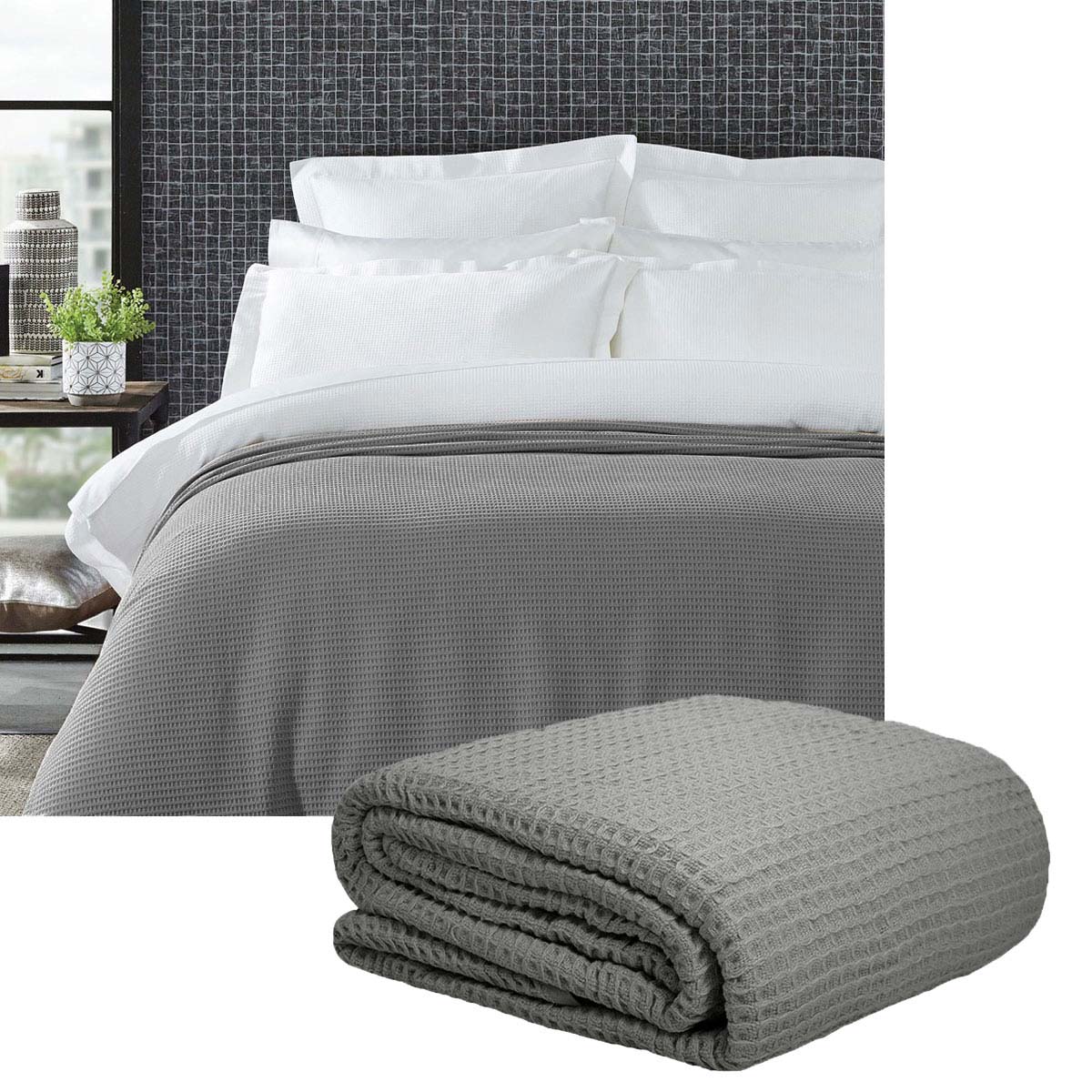 Living @ Home 350gsm 100% Cotton Breathable Waffle Blanket Queen 240 x 255 cm Charcoal