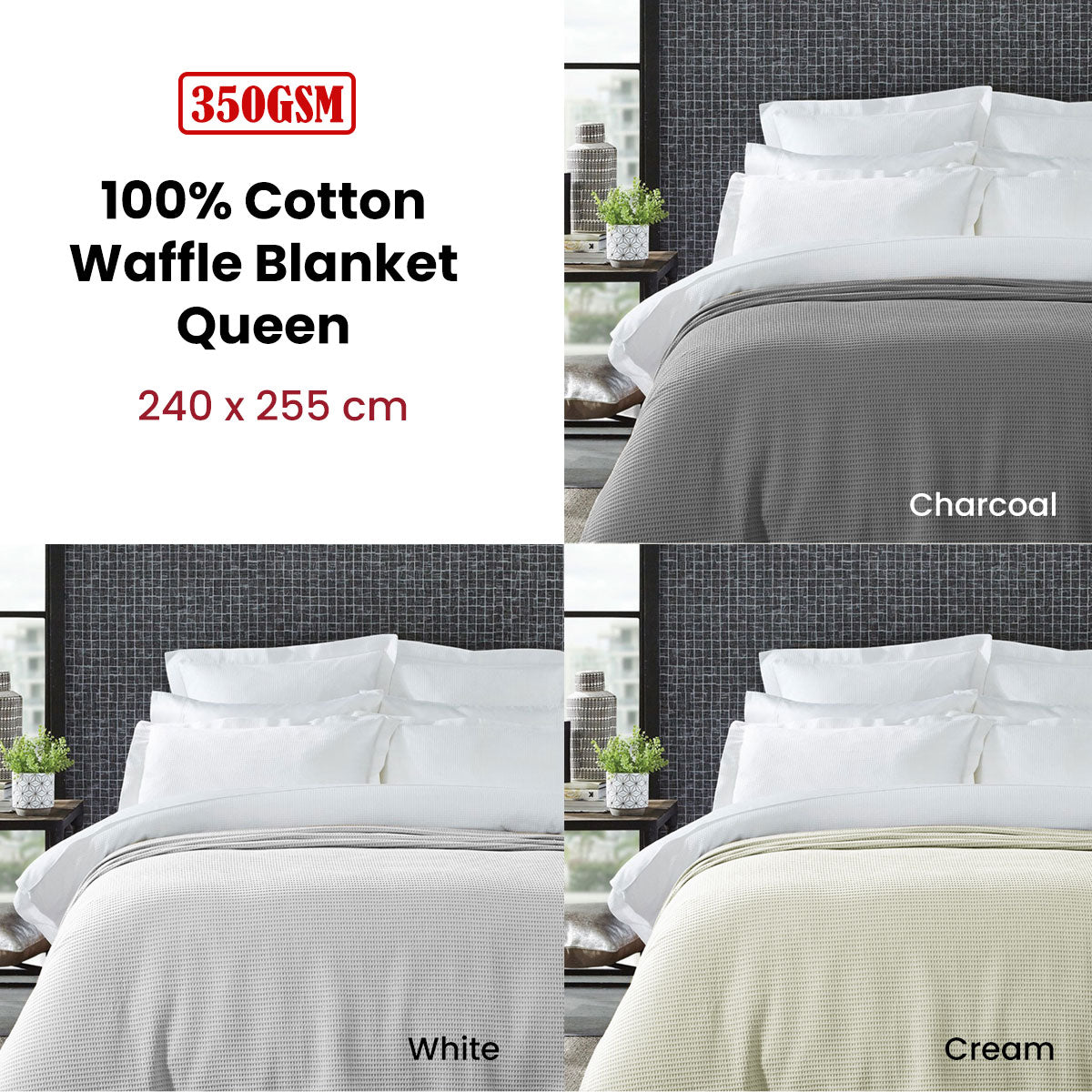 Living @ Home 350gsm 100% Cotton Breathable Waffle Blanket Queen 240 x 255 cm White