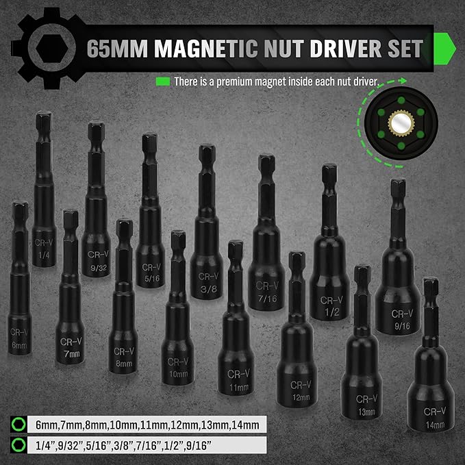 SWANLAKE 39PCS Magnetic Hex Nut Driver Master Kit,1/4" Quick-Change Hex Shank, SAE & Metric Power Nuts Driver Drill Bit Tools Set,Cr-V Steel
