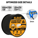 ELEAD 1/8" x 110FT Elastic Bungee Cord Roll 3mm Marine Grade Shock Cord 29lbs