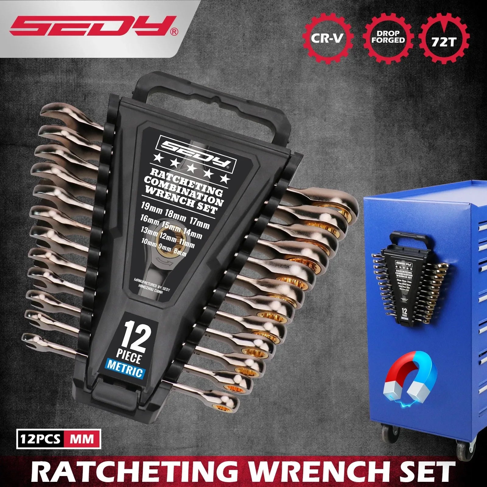 SEDY 12Pcs Ratcheting Wrench Set 8-19mm Metric CR-V Steel 72T Spanner Tool Kit