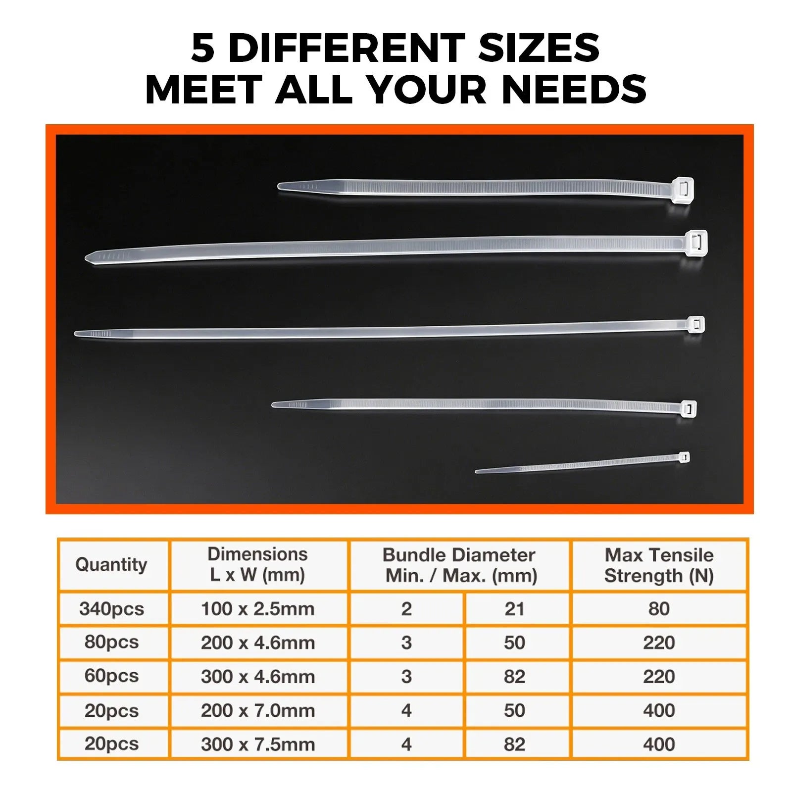 520-Pieces Cable Ties Zip Ties Nylon UV Stabilised Bulk Black Cable Tie White