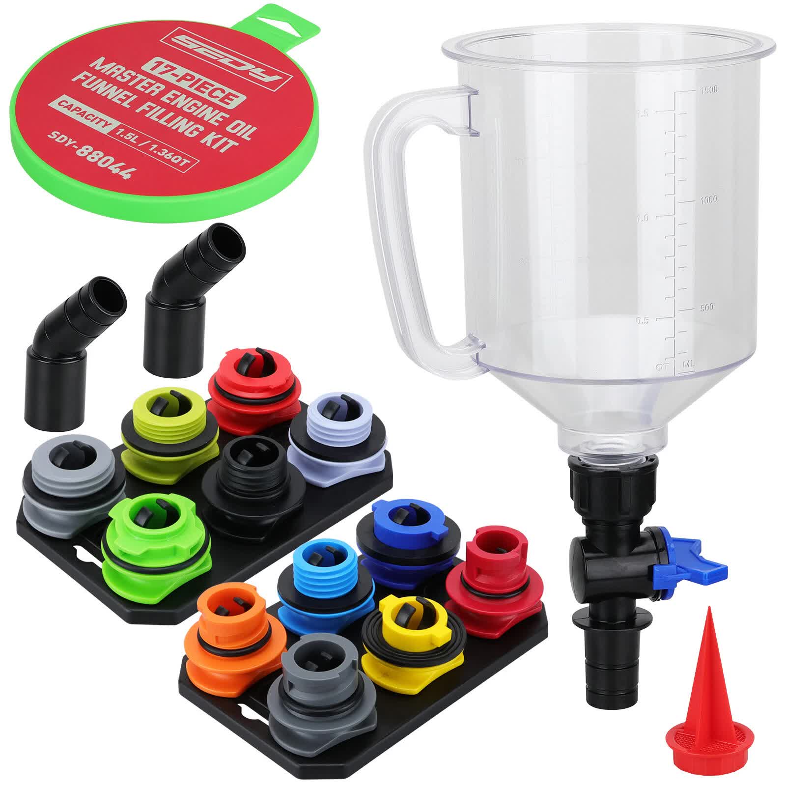 17-Piece Engine Oil Funnel Set 12 Adapters Elbow Fitting Magnetic Storage Tray