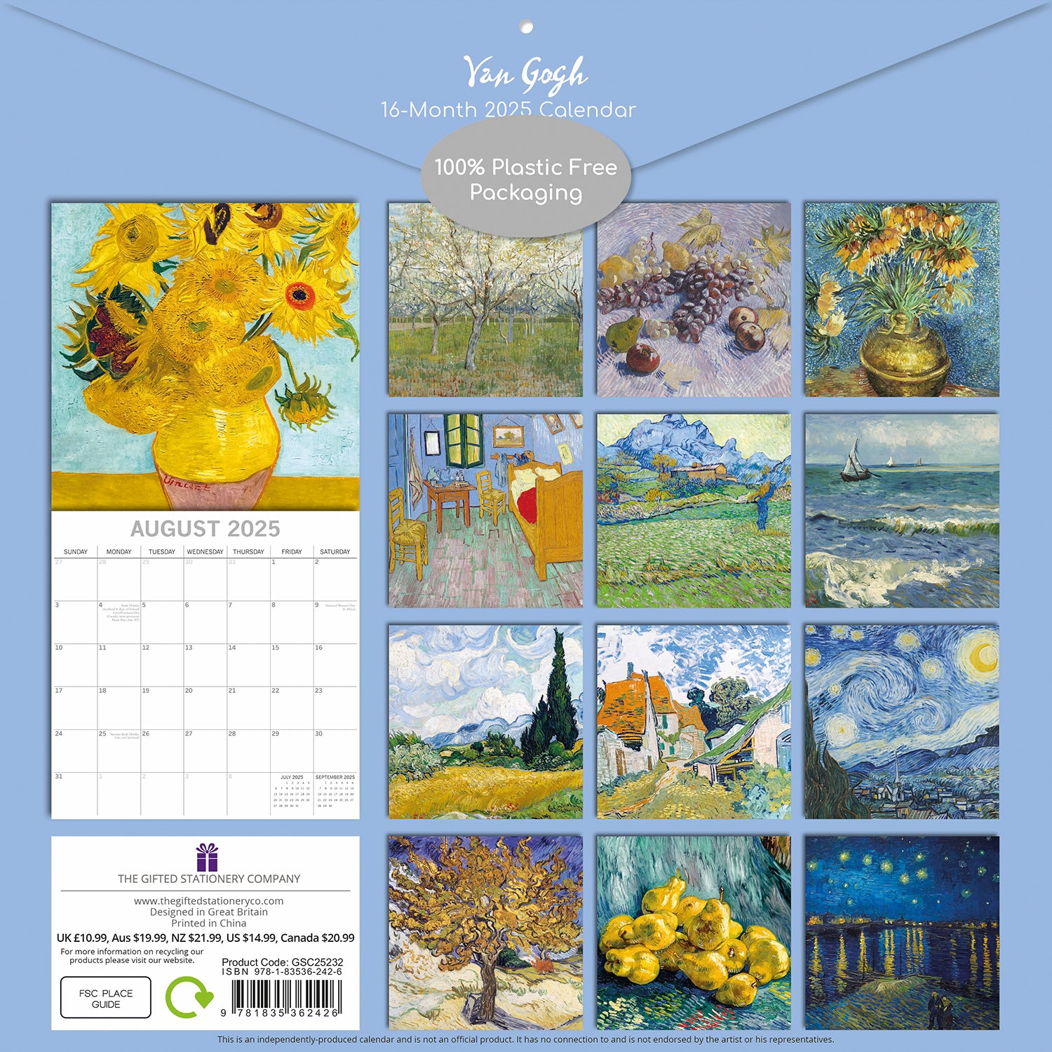 Van Gogh - 2025 Square Wall Calendar Arts 16 Months Premium Planner Gift