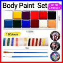 Face Body Paint Set 12 Colours with Brushes - Water Based Makeup for Party Festival Art