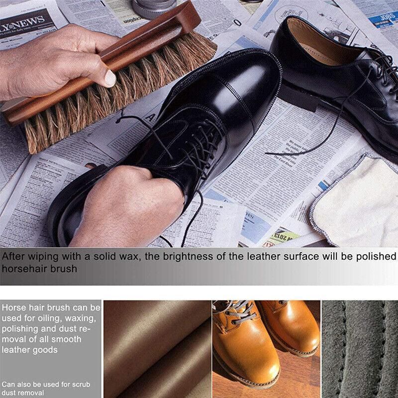 2X Horsehair Shoe Brush Wood Handle Leather Boots Daubers Applicators Cleaning