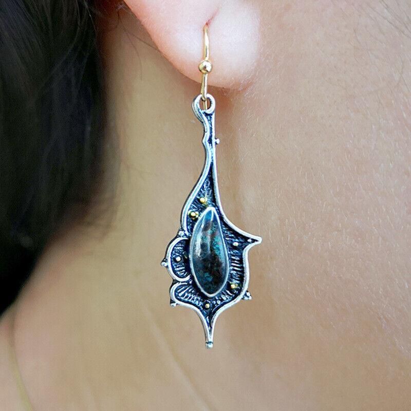 Retro Boho Turquoise Flower Earrings Hook Moonstone Dangle Drop Sapphire Women - 1248