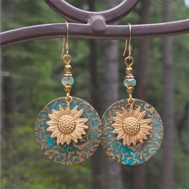 Retro Boho Turquoise Flower Earrings Hook Moonstone Dangle Drop Sapphire Women - 1241