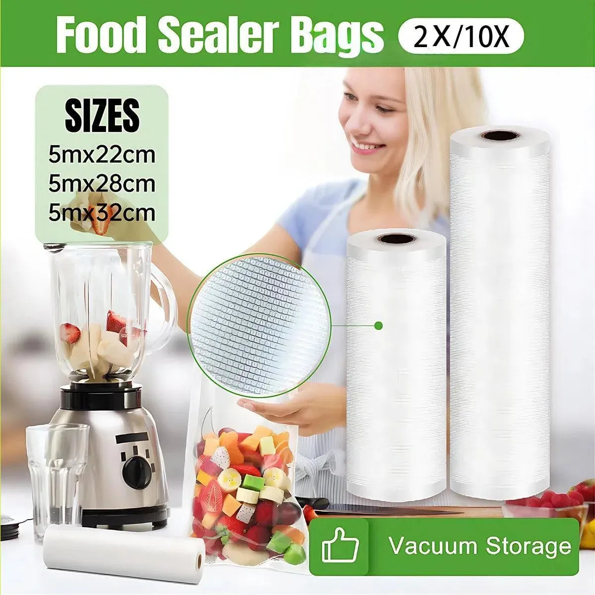1-10x Commercial Heat-Resistant Vacuum Sealer Rolls for Food Storage - 2 Rolls (32cm x 5m)