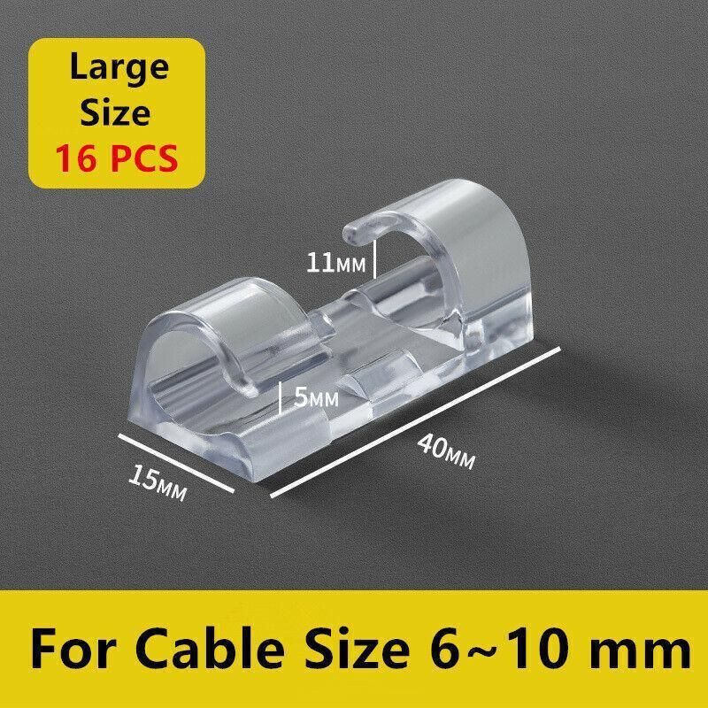 16PCS Cable Clips Management Holder Cord Wire Line Organizer Self-Adhesive L - L Size - Transparent x 16 PCS