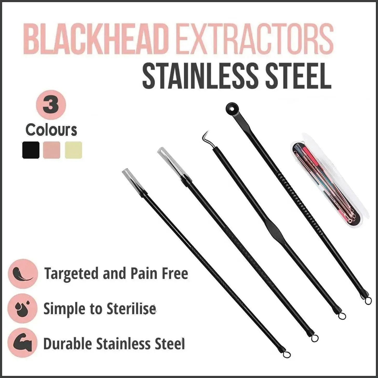 Stainless Steel Blackhead Remover Tools Set with Pimple Extractors 4 Pieces - Rose Gold