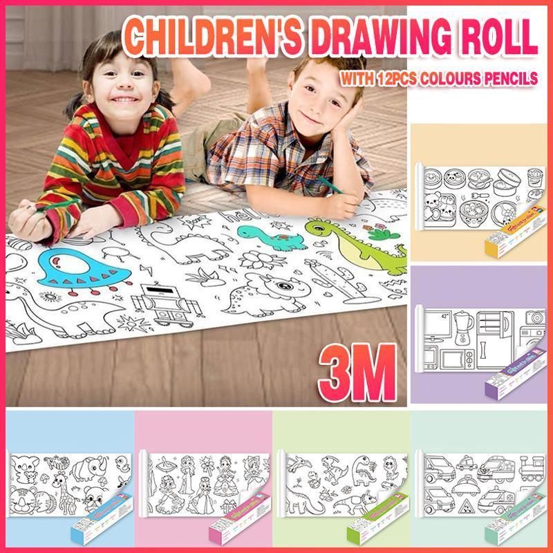 3M DIY Colouring Paper Roll with 12 Colour Pencils Cartoon Doodle Set - Lovely princess(With 12PCS Colored Pencils)