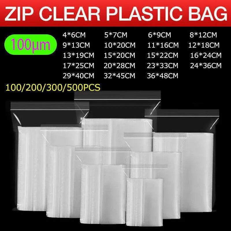 100PCS 100micron Bulk Clear Resealable PE Plastic Zip Bags - 20*28Cm
