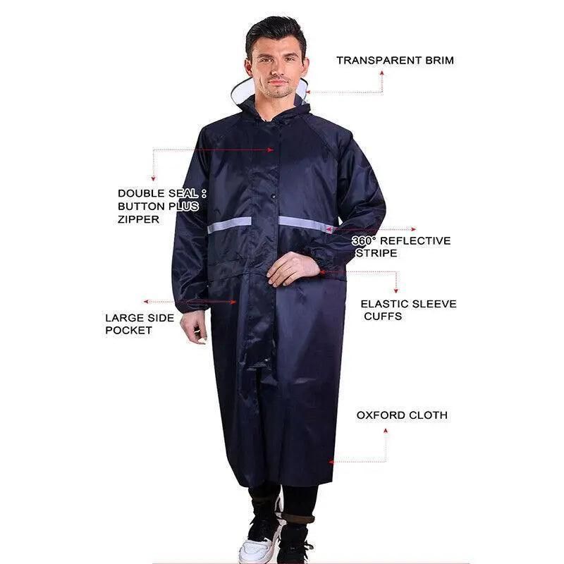 Hooded Waterproof Long Raincoat for Outdoor Work Lightweight 3XL Size - Navy