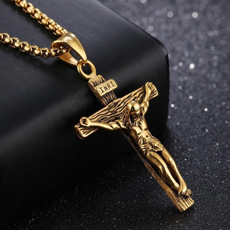 Men Stainless Steel Gold Silver Black Jesus Crucifix Pendant Chain Necklace Gold&Black - with 3*55cm rolo chain