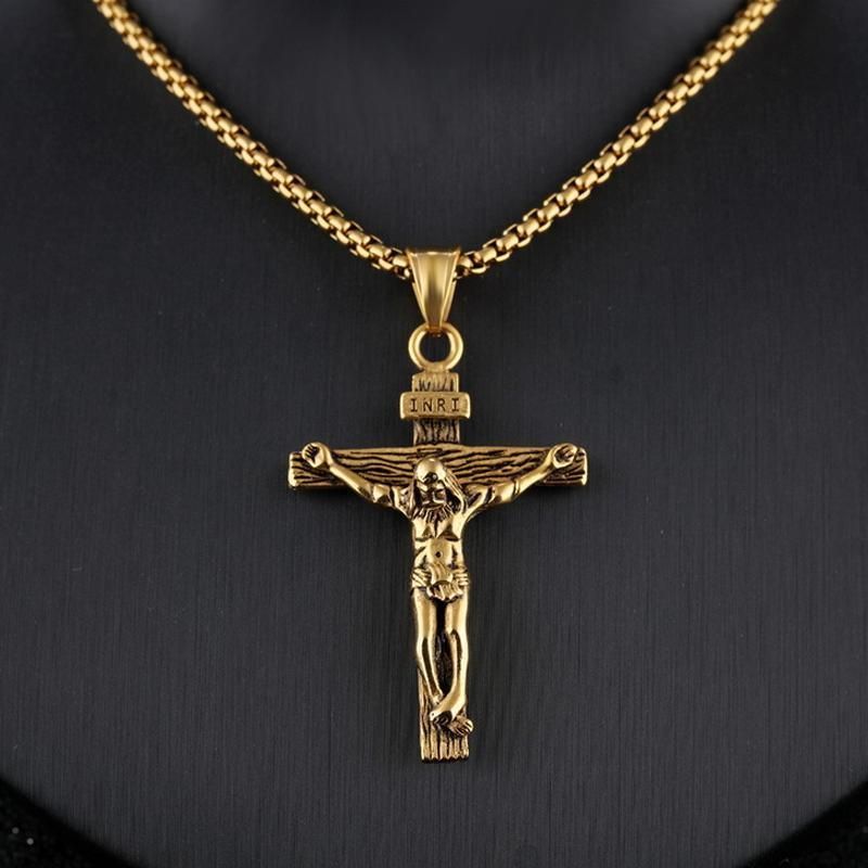 Men Stainless Steel Gold Silver Black Jesus Crucifix Pendant Chain Necklace Gold&Black - with 3*55cm rolo chain