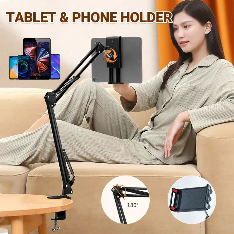 Clamp Long Arm Tablet Phone Holder Adjustable Mount for Bed Desk Use