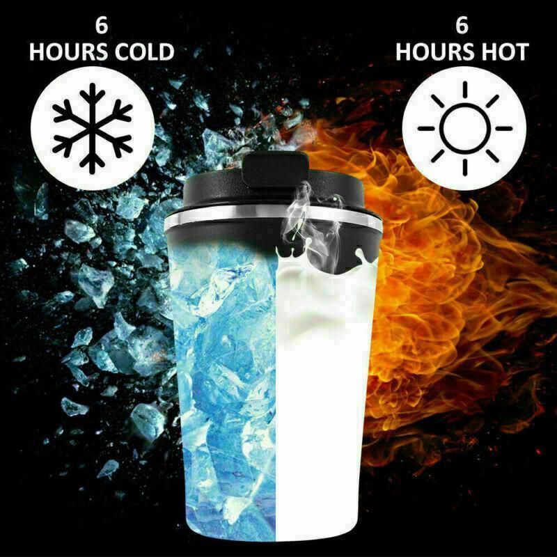 Insulated Coffee Mug Vacuum Travel Cup Thermal Stainless Steel Flask Reusable 380ML - Black