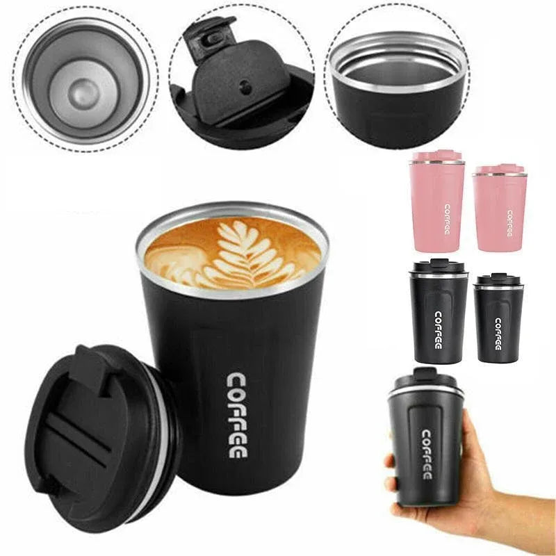 Insulated Coffee Mug Vacuum Travel Cup Thermal Stainless Steel Flask Reusable 380ML - White