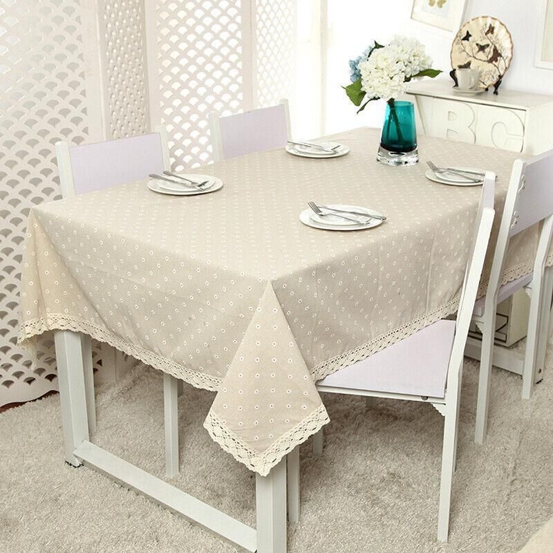 Floral Tablecloth with Lace Edge Cotton Linen Cover for Dining Table Square Rectangle - 90*90CM