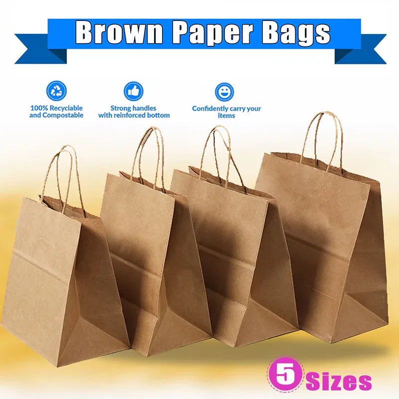 50X Kraft Paper Bags Gift Shopping Carry Craft Brown Bag With Handles - L-25.4cmx33cmx12.7cm