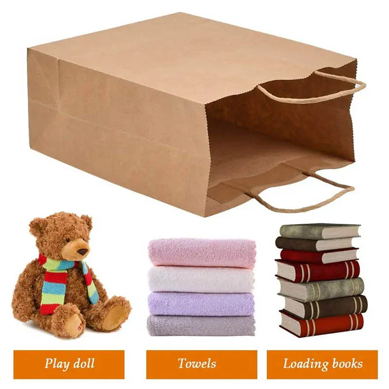 50X Kraft Paper Bags Gift Shopping Carry Craft Brown Bag With Handles - L-25.4cmx33cmx12.7cm