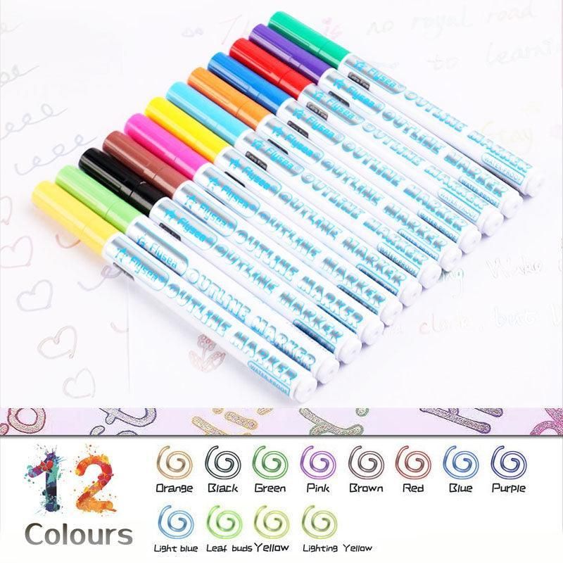 Flysea 12 Colours Writing Drawing Double Line Outline Pen Highlighter Marker Au - 12 Colours Set