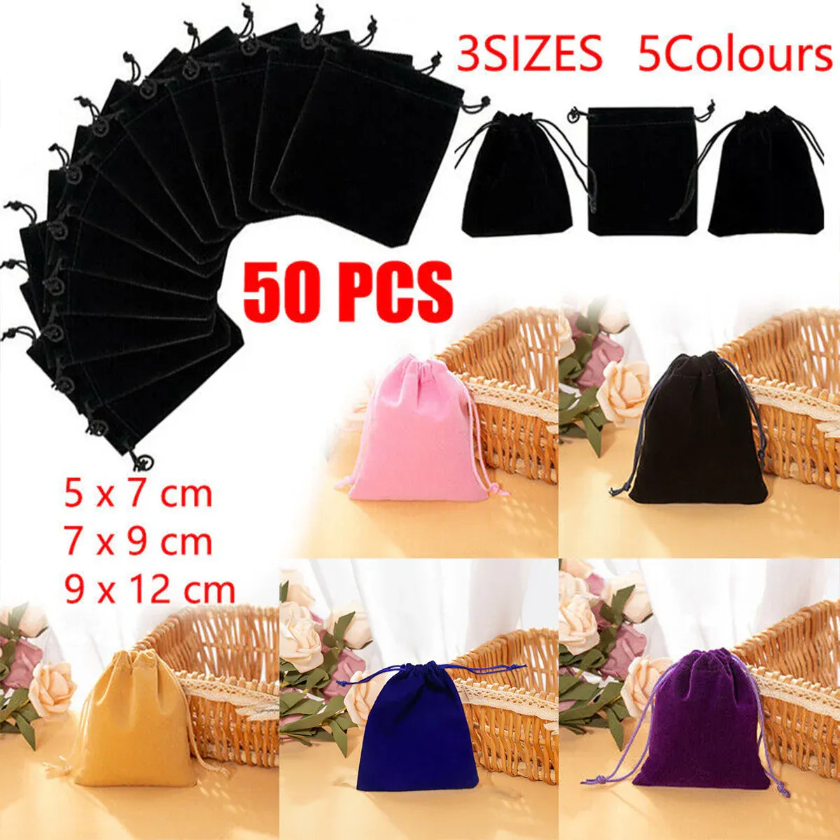 50X Small Velvet Cloth Drawstring Bags Gift Bag Jewelry Ring Pouch Earring Favor 9x12 - Black