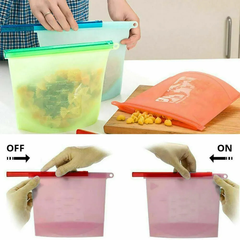 Reusable Silicone Food Storage Bags Leak proof Microwave Freezer Freshness Safe 1000ml*4 - White 1000ml*2 +Blue 1000ml*1 +Green 1000ml*1