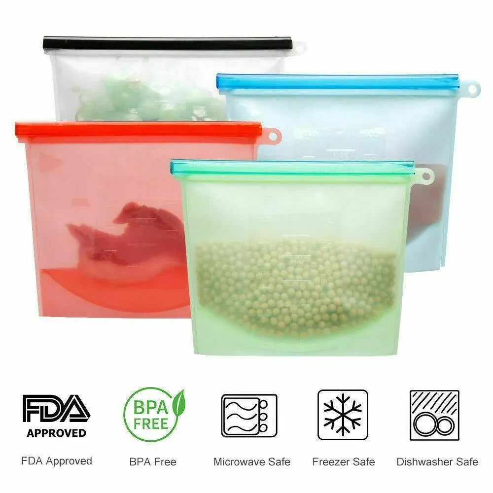 Reusable Silicone Food Storage Bags Leak proof Microwave Freezer Freshness Safe 1000ml*4 - White 1000ml*2 +Blue 1000ml*1 +Green 1000ml*1