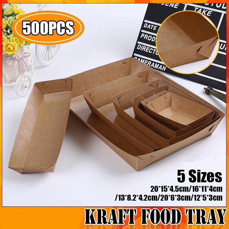 500PCS Kraft Cardboard Food Disposable Tray Brown Party Chips Takeaway Container - 3