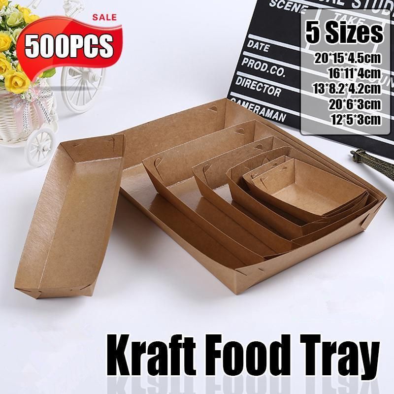500PCS Kraft Cardboard Food Disposable Tray Brown Party Chips Takeaway Container - 3
