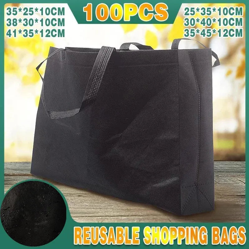 100PCS Reusable Non Woven Shopping Bags Eco Friendly Washable Tote Bags Black - 41X35X12CM