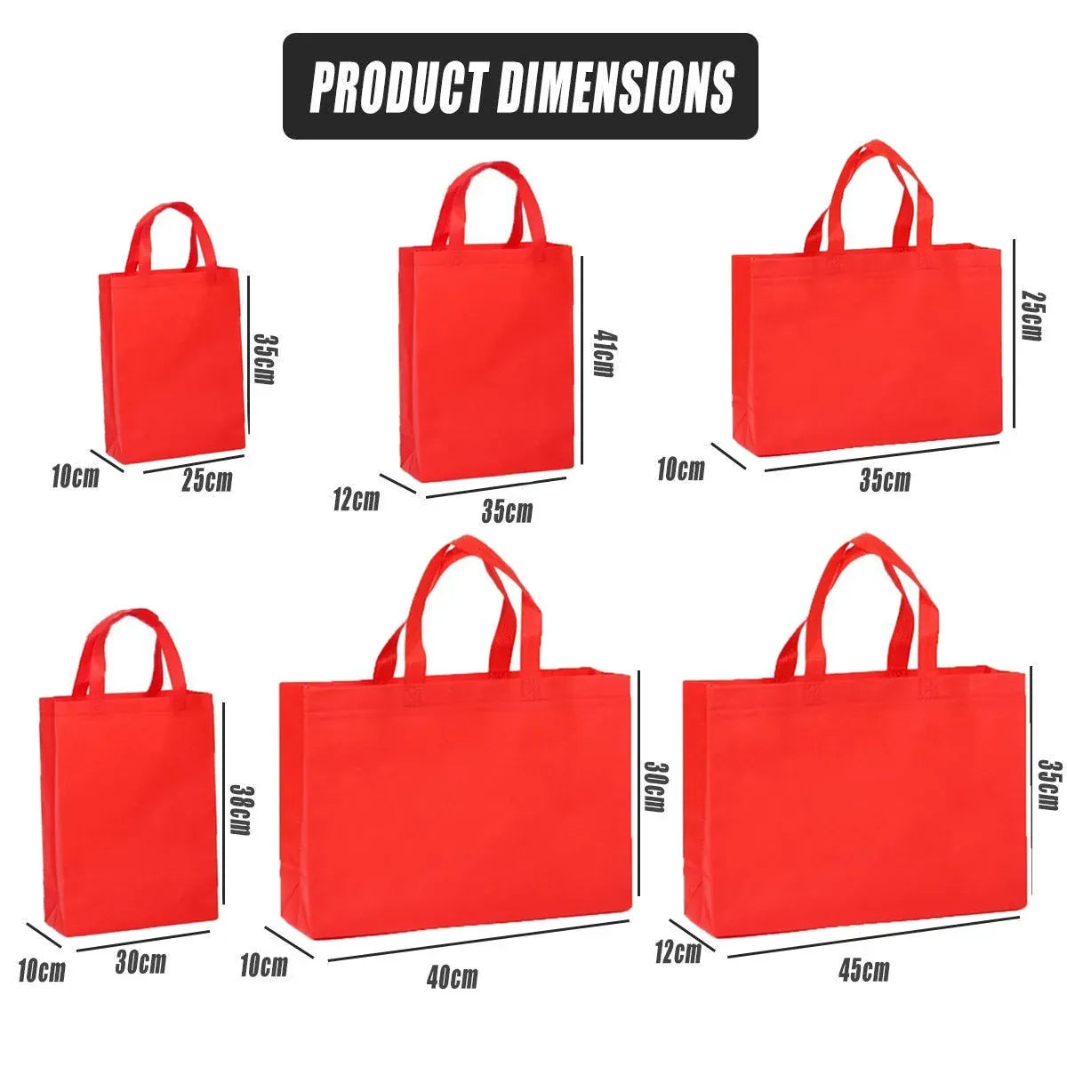 100PCS Reusable Non Woven Shopping Bags Eco Friendly Washable Tote Bags Red - 41X35X12CM