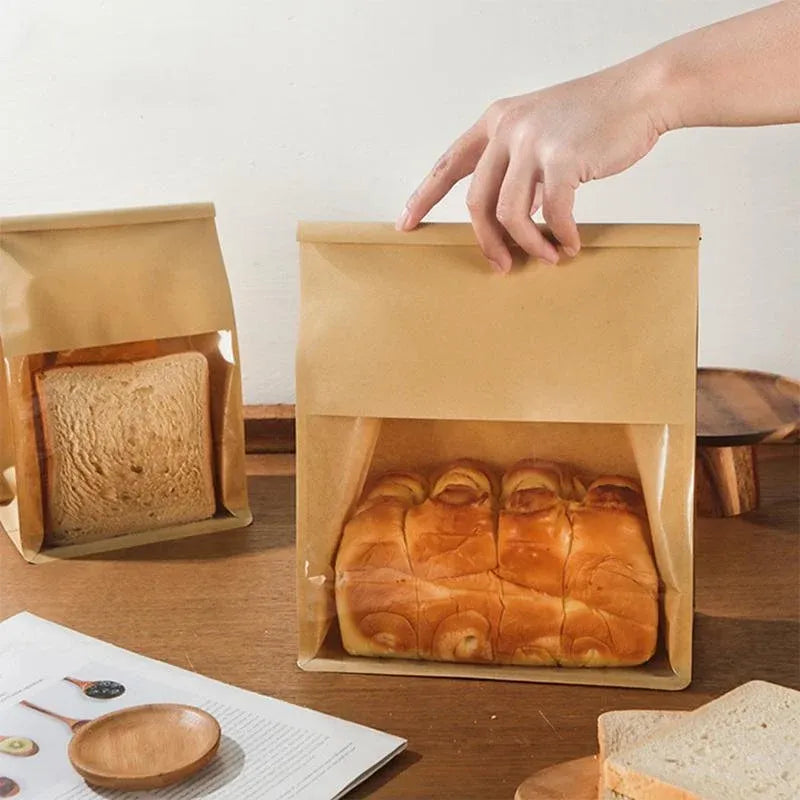 100x Kraft Paper Flat Bottom Cake Packaging Toast Bread Bags With Window Cowhide - 13X28+10CM