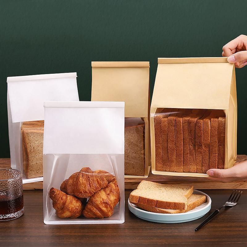 100x Kraft Paper Flat Bottom Cake Packaging Toast Bread Bags With Window Cowhide - 13X28+10CM