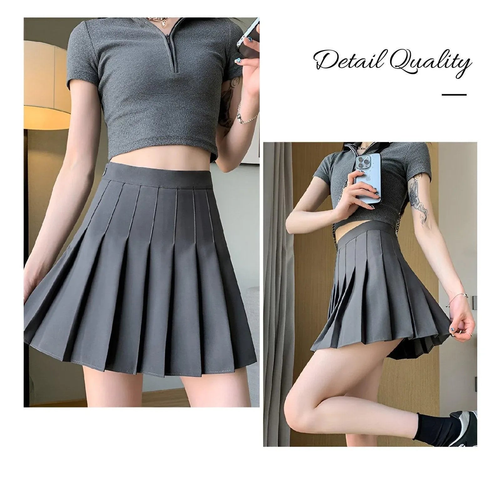 Grey Women High Waist Pleated Tennis Skirt Summer Slimming - S