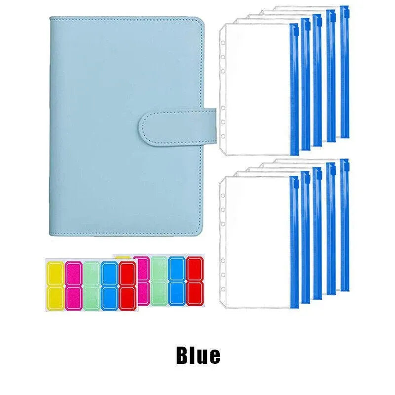 A6 Pu Leather Binder Pockets Cash Envelope Planner Notebooks - Blue