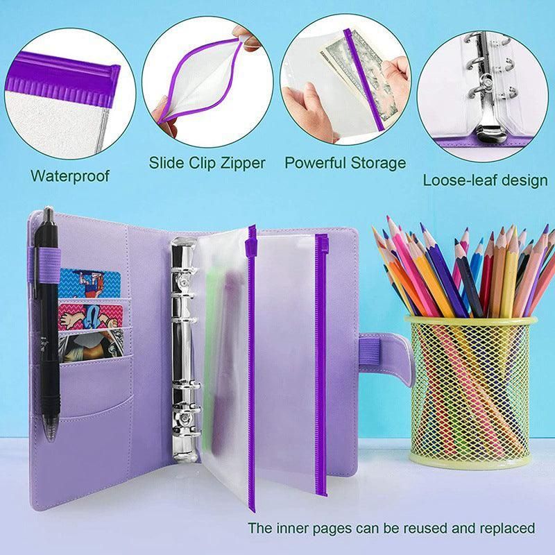 A6 Pu Leather Binder Pockets Cash Envelope Planner Notebooks - Blue