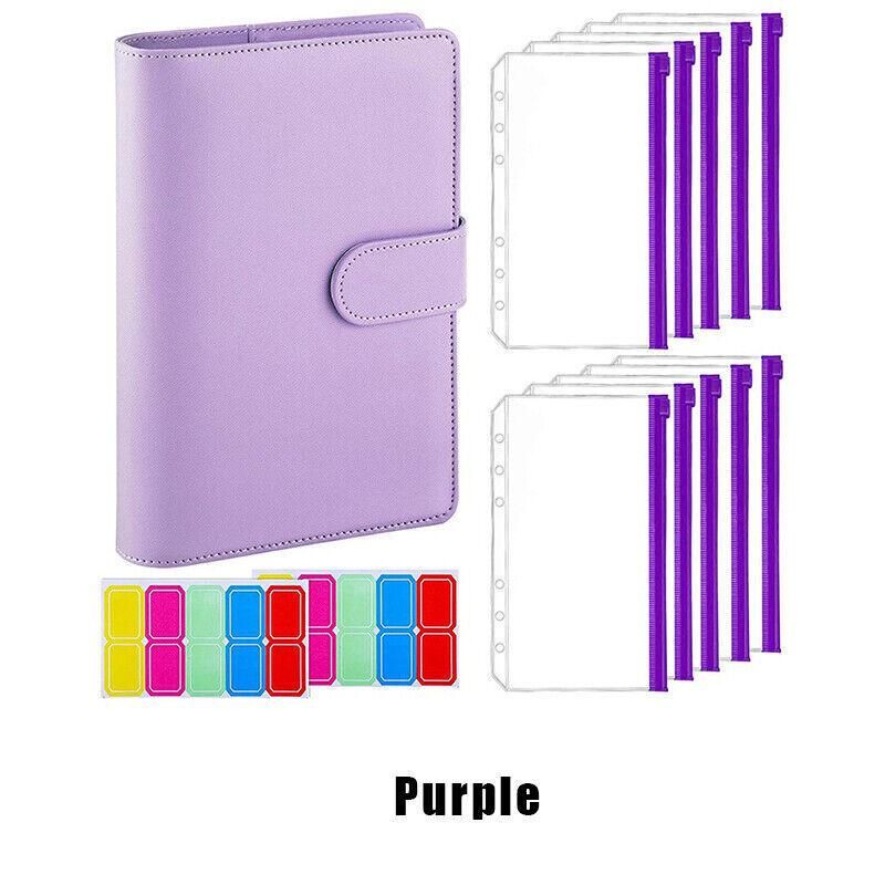 A6 Pu Leather Binder Pockets Cash Envelope Planner Notebooks - Purple