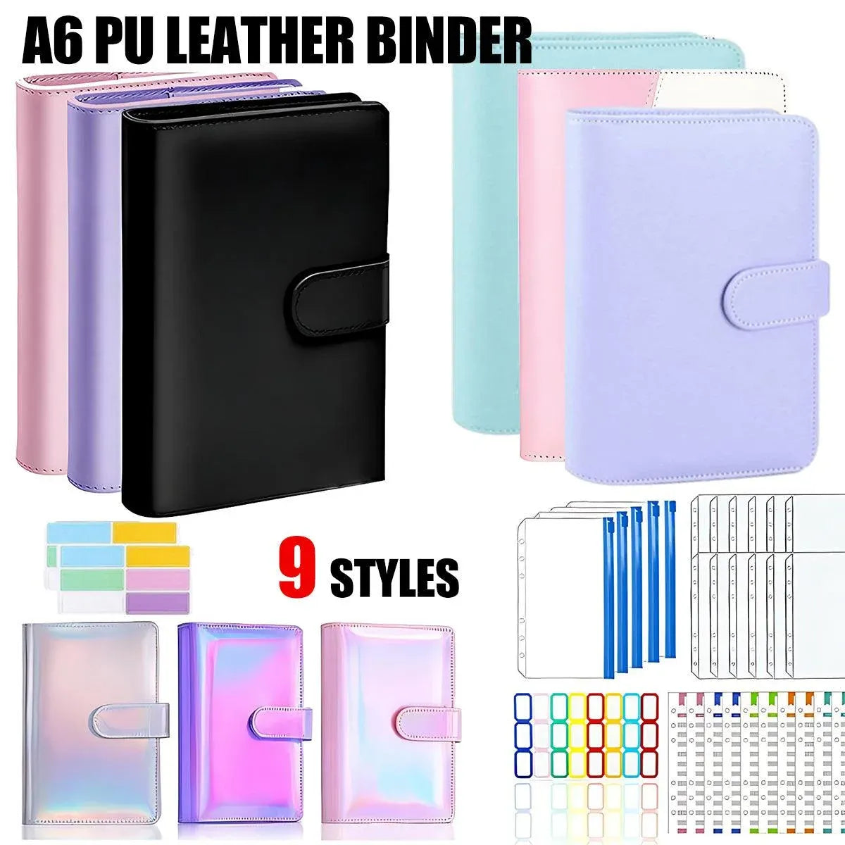 A6 Pu Leather Binder Pockets Cash Envelope Planner Notebooks - Purple
