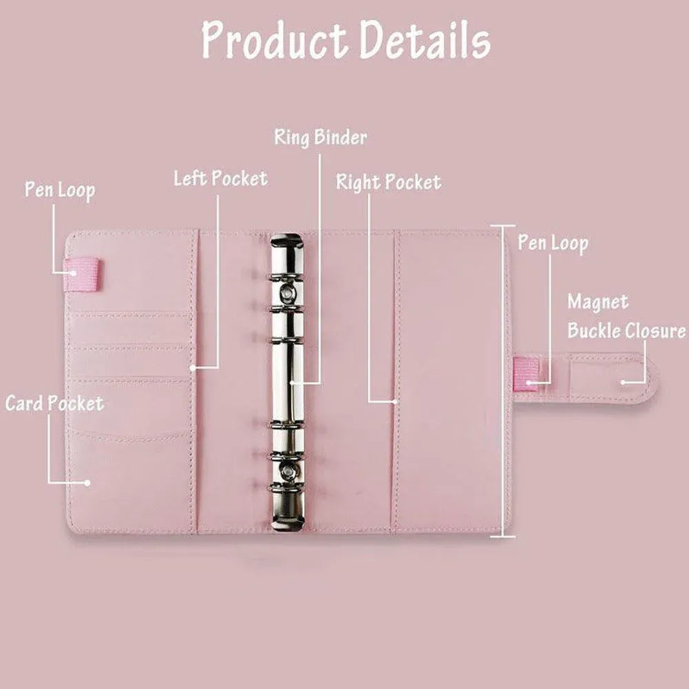 A6 Pu Leather Binder Pockets Cash Envelope Planner Notebooks - Laser Purple