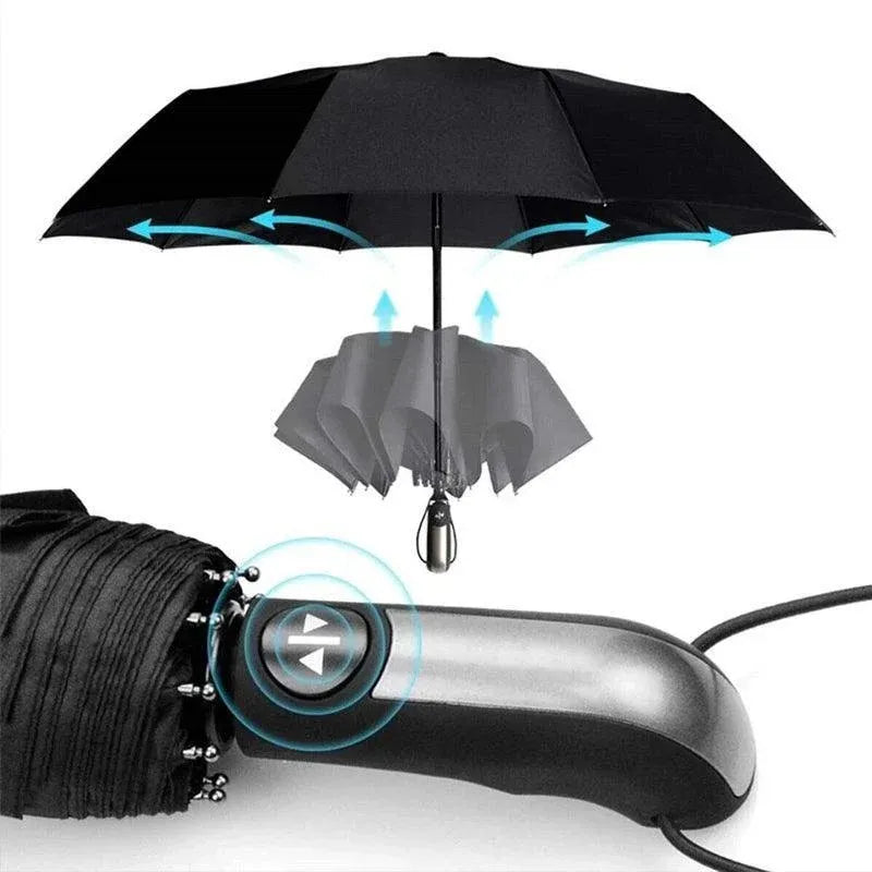 Automatic Umbrella Auto Open Close Compact Folding Anti Rain Windproof 10Ribs Au - Brown