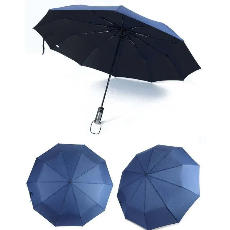 Automatic Umbrella Auto Open Close Compact Folding Anti Rain Windproof 10Ribs Au - Brown