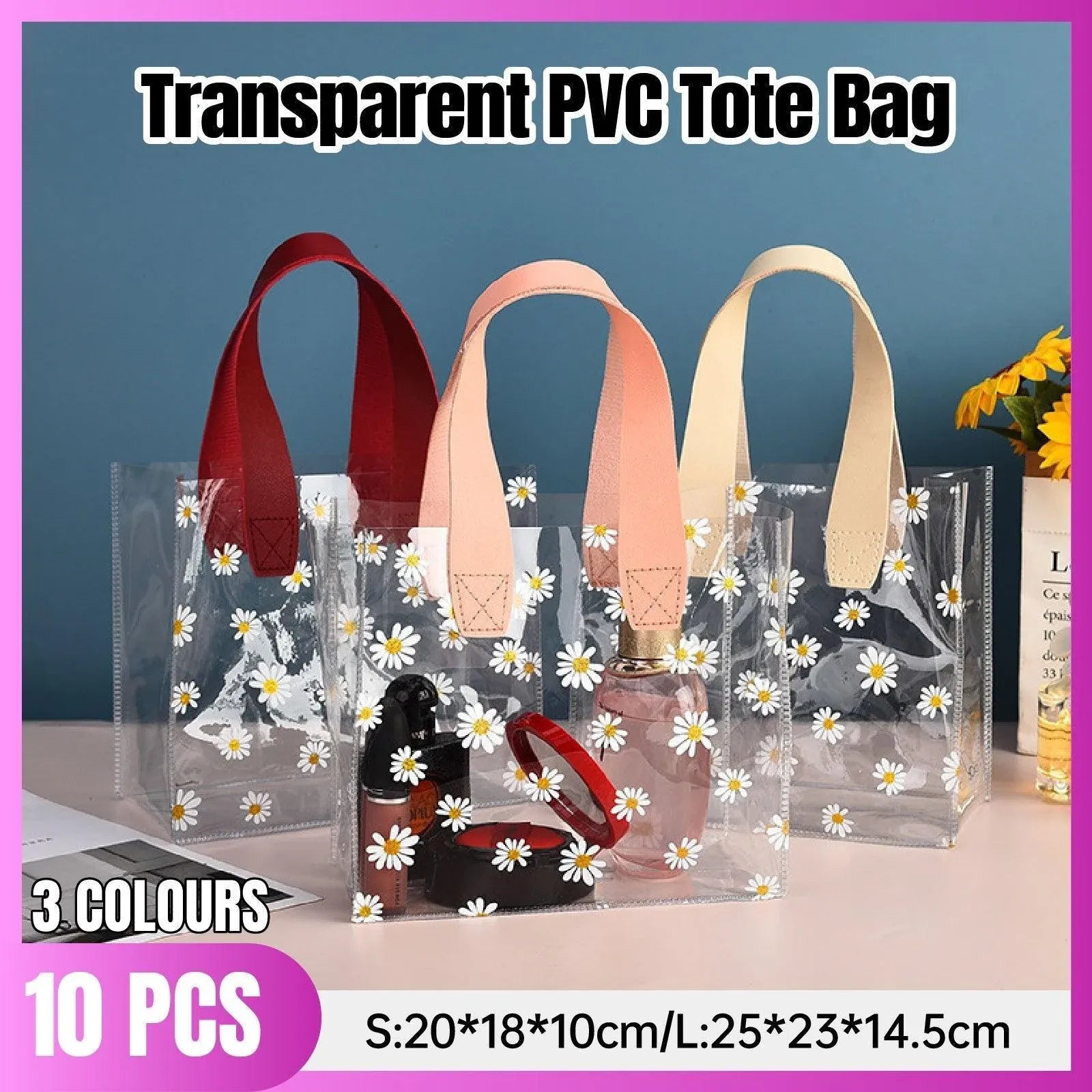 10pcs Small Fresh Transparent PVC Tote Bag Wedding Candy Gift Bag Daisy Design - Beige - L