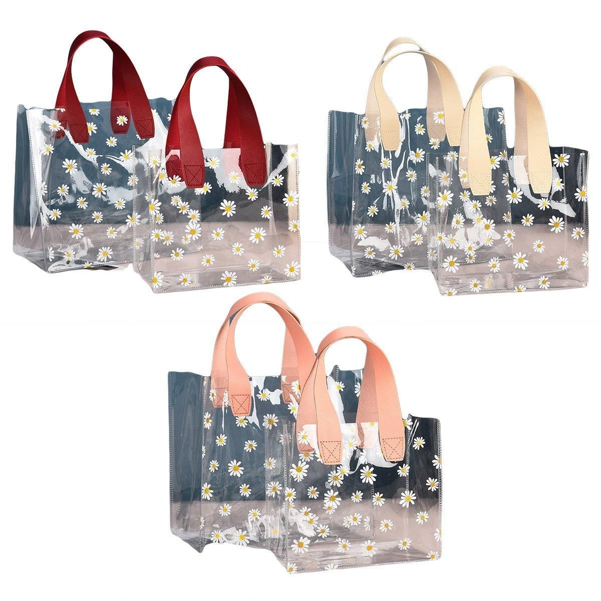 10pcs Small Fresh Transparent PVC Tote Bag Wedding Candy Gift Bag Daisy Design - Beige - L