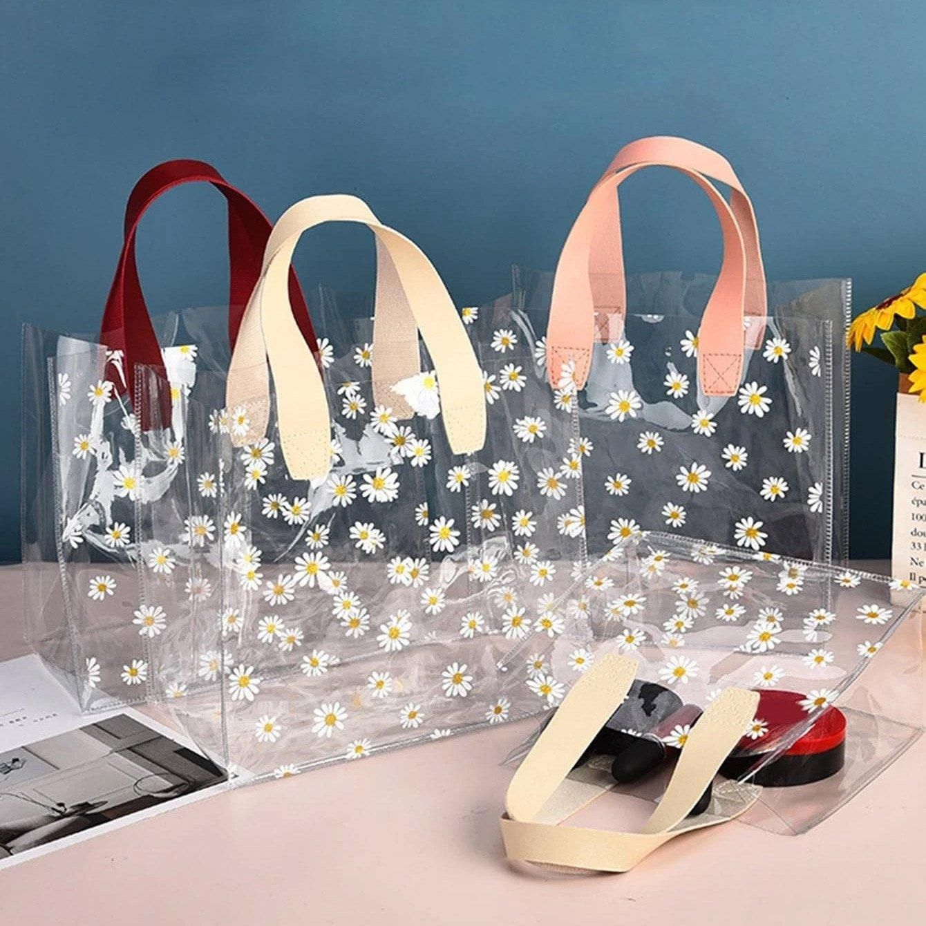 10pcs Small Fresh Transparent PVC Tote Bag Wedding Candy Gift Bag Daisy Design - Beige - L