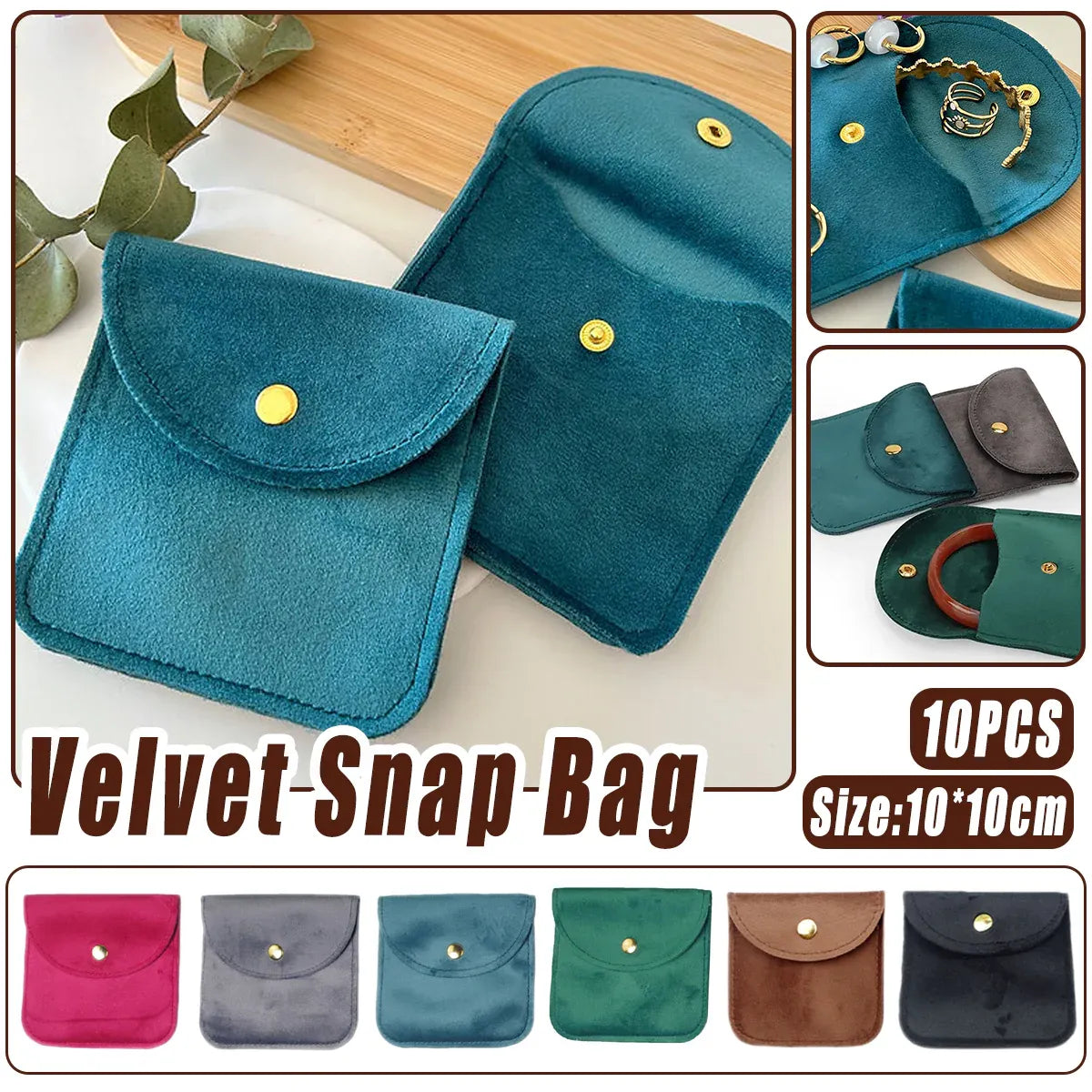 10pcs Velvet Jewelry Pouch Button Closure Thick Soft Ring Necklace Storage Bag - Black