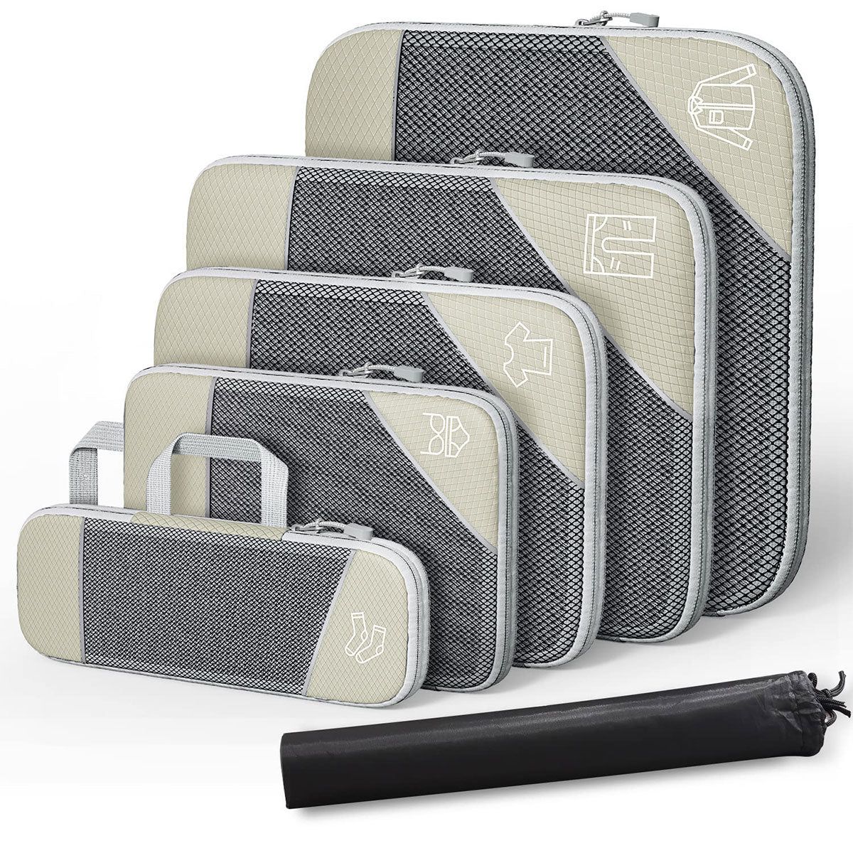6PCS Compression Packing Cubes Expandable Luggage Storage Bag Travel Packing Bag - White