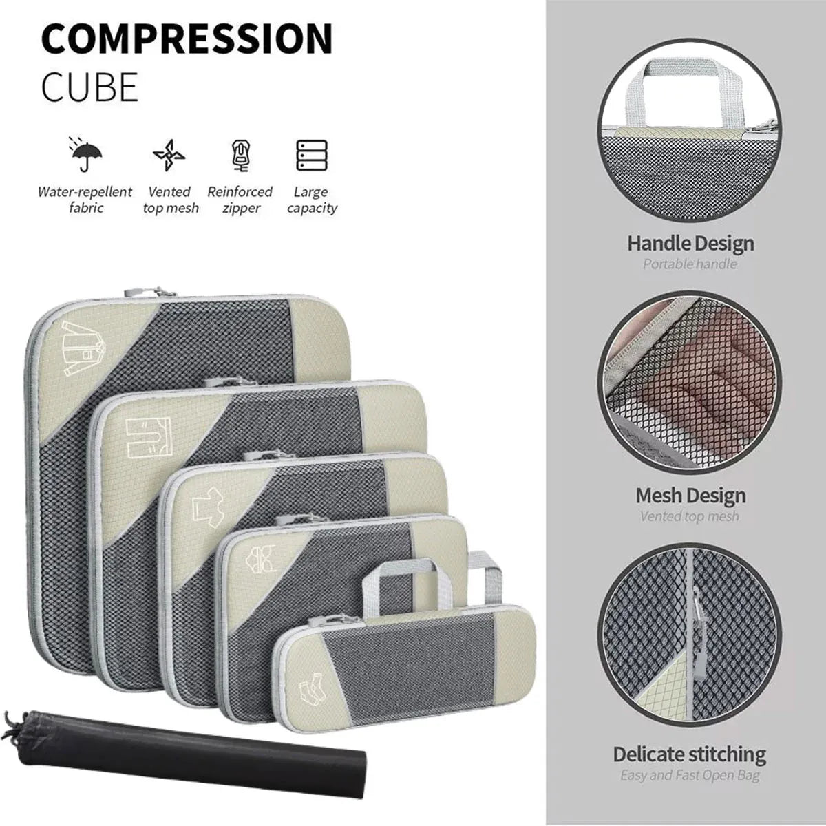 6PCS Compression Packing Cubes Expandable Luggage Storage Bag Travel Packing Bag - White